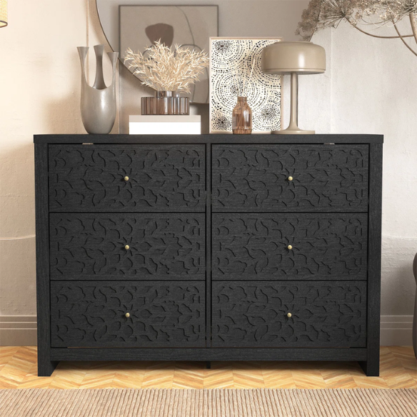Boho-Inspired 45.4" 6-Drawer Dresser with Distressed Finish and Openwork Floral Details