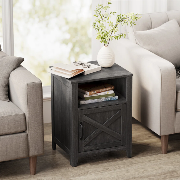 Farmhouse Nightstand with Cabinet & Open Compartment – Rustic Bedside Table, Distressed Finish, Barn Door Style, Matte Black Metal Handles, Flared Legs, Versatile Storage for Bedroom or Living Room