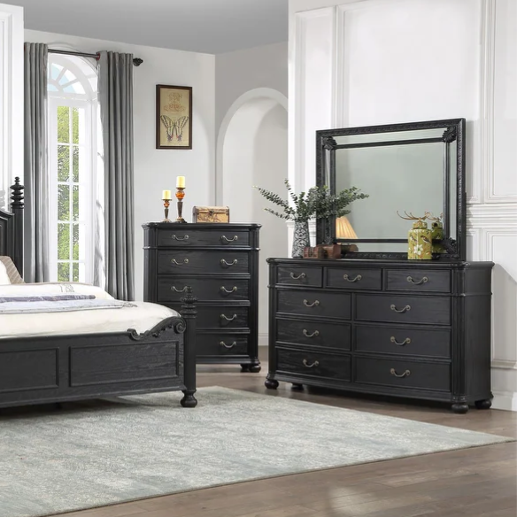 3-Piece Black Modern Contemporary Solid Wood & Veneers Fabric Upholstered Bedroom Set – Sleek, Sturdy Design with Luxurious Comfort