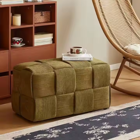 Olive Green Velvet Ottoman - Modern Square Woven Footrest with Resilient Sponge Filling