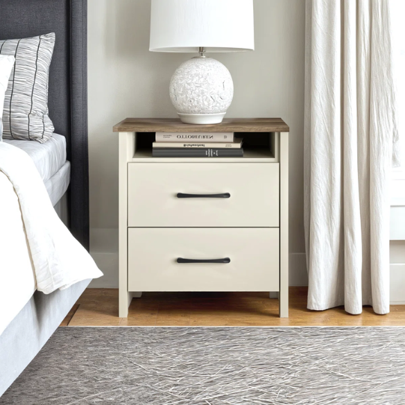 22.7" 2-Drawer Nightstand – Space-Saving Modern Minimalism, Engineered Wood with Clean-Lined Silhouette, Neutral Finish, Open Cubby & 2 Spacious Drawers for Bedroom Storage, Ideal for Tech & Accessories