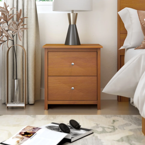 2-Drawer Nightstand – Neutral Engineered Wood, Streamlined Rectangular Design, Four Block Legs, Convenient Storage with Roller-Glide Drawers & Metal Knobs, Perfect for Traditional & Contemporary Bedroom
