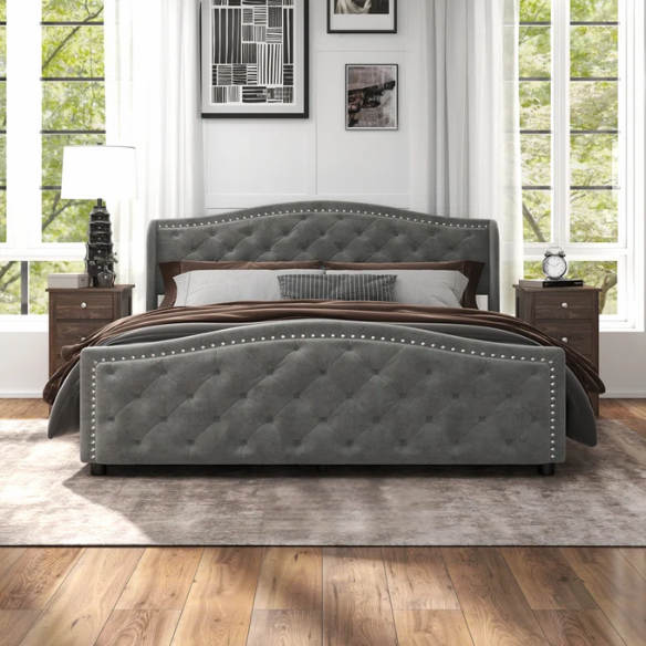 Luxurious King Size Velvet Upholstered Platform Bed with Tufted Camelback Headboard, Nailhead Trim, and 4 Built-In Storage Drawers – Stylish and Functional Bedroom Upgrade