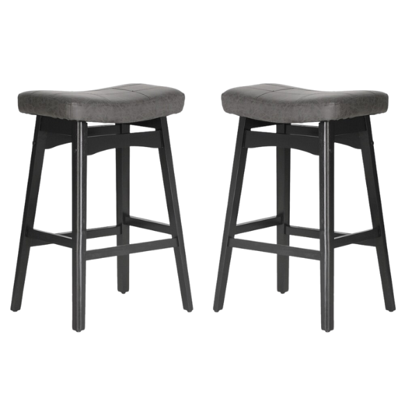 24-Inch Solid Wood Barstools with Linen/PU Leather Fabric Cushion – Set of 2 Backless Saddle Seat Counter Stools for Modern Living