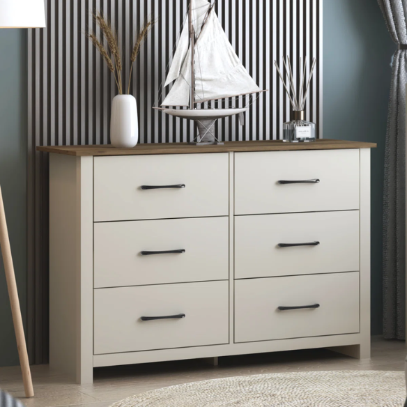 Modern 6-Drawer Double Dresser with Flared Feet and Sleek Black Metal Handles