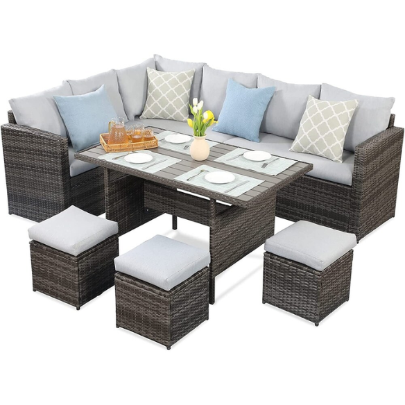 All-Weather Wicker Patio Furniture Set | Stylish Conversation Set with Cushioned Seats and Pillows | Perfect Outdoor Dining Solution