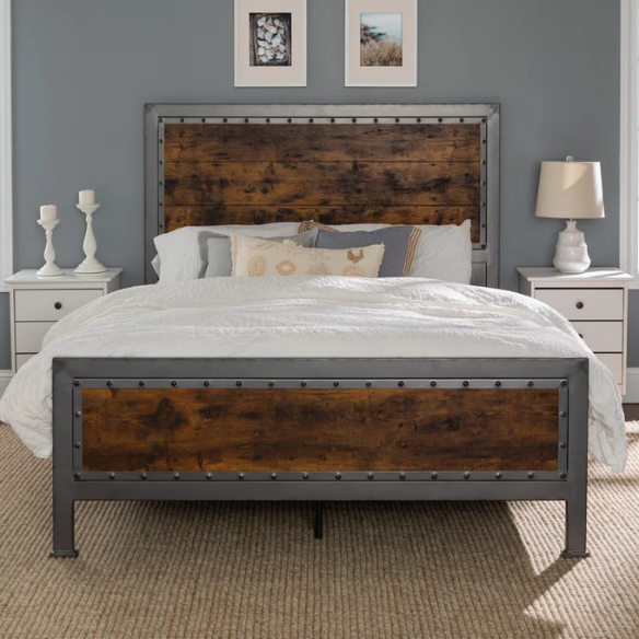 Rustic Industrial Queen Size Bed with Wood-Look Center – Sturdy and Stylish Design