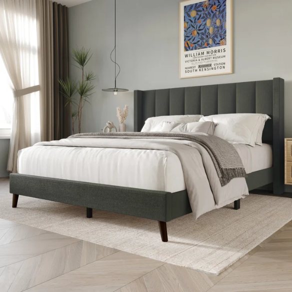 Queen Size Upholstered Wingback Bed with Soft Polyester Fabric – Elegant and Modern Design