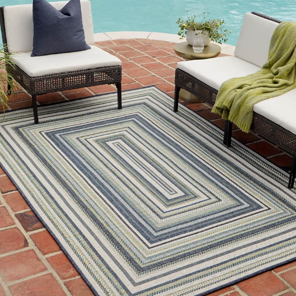 Coastal-Inspired Geometric Rug – Fade & Stain-Resistant,Ivory,Green,Blue Pattern, Ideal for Indoor/Outdoor Use