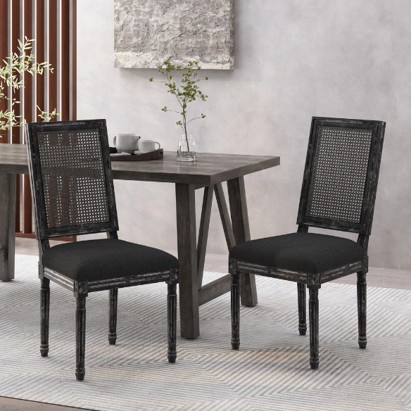 French Country Wood and Cane Upholstered Dining Chairs – Weathered Rubberwood Frame with Fluted Legs & Rectangular Cane Backrest