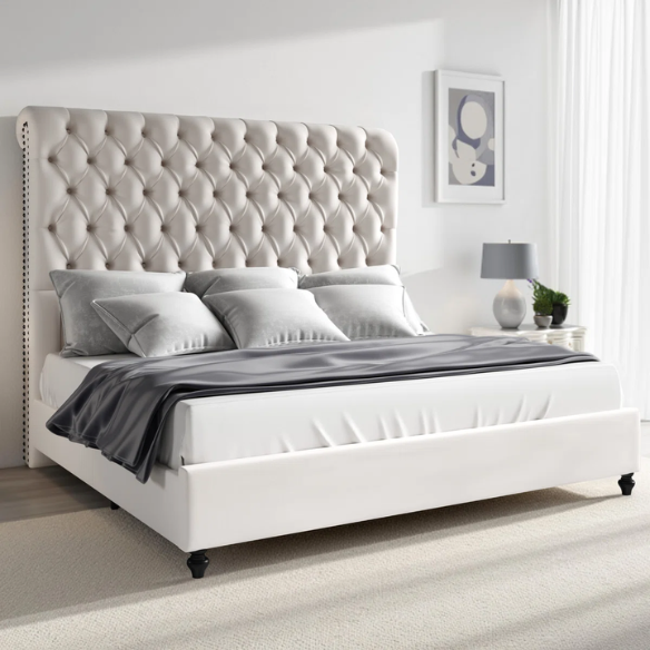 Luxurious Velvet Upholstered Sleigh Bed with Tufted Button and Gem-Accented Headboard