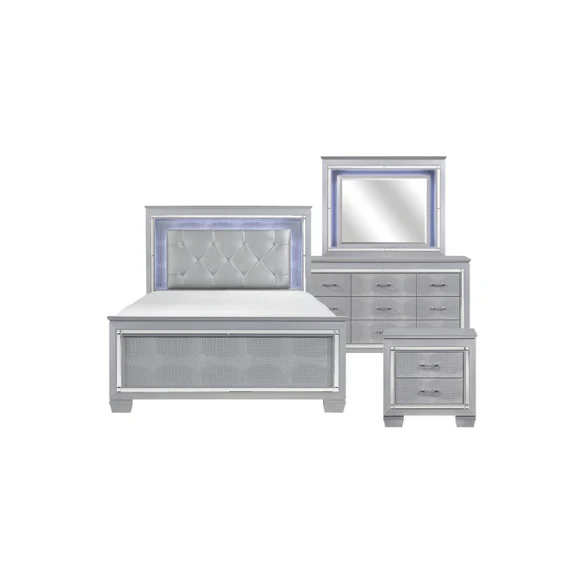 3-Piece Silver Modern LED Panel Bedroom Set with Faux Leather Upholstered Tufted Headboard, Alligator Embossing, and Crystal-Enhanced Accents