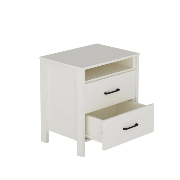 22.7" 2-Drawer Nightstand – Space-Saving Modern Minimalism, Engineered Wood with Clean-Lined Silhouette, Neutral Finish, Open Cubby & 2 Spacious Drawers for Bedroom Storage, Ideal for Tech & Accessories