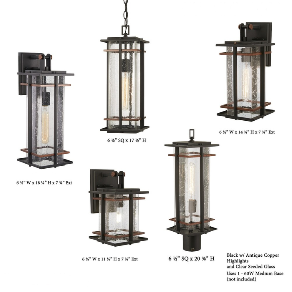 Coal & Seeded Glass 1-Light Outdoor Chain-Hung Lantern – Modern Mission Style with Clear Seeded Glass and Black Frame with Antique Copper Accents