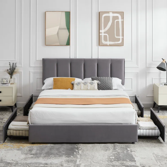 Velvet Upholstered Queen Size Platform Bed with Adjustable Headboard and 4 Storage Drawers