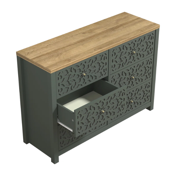 Boho-Inspired 45.4" 6-Drawer Dresser with Distressed Finish and Openwork Floral Details