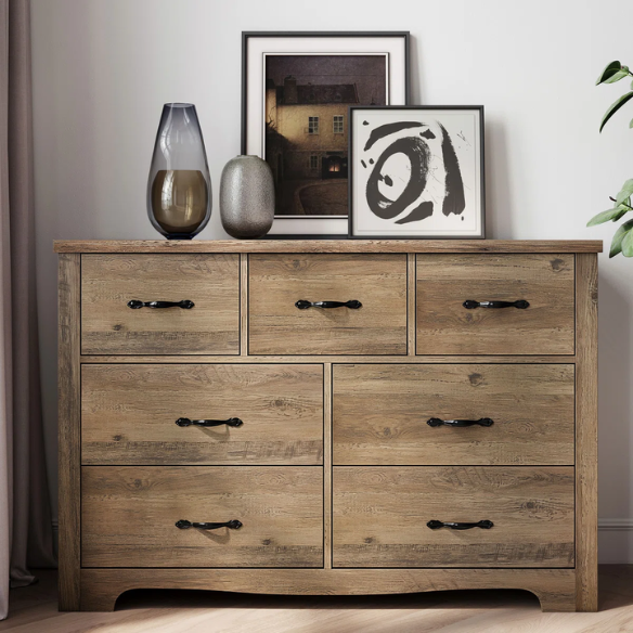 French Country-Inspired 47.2" 7-Drawer Double Dresser with Scalloped Apron and Elegant Metal Handles