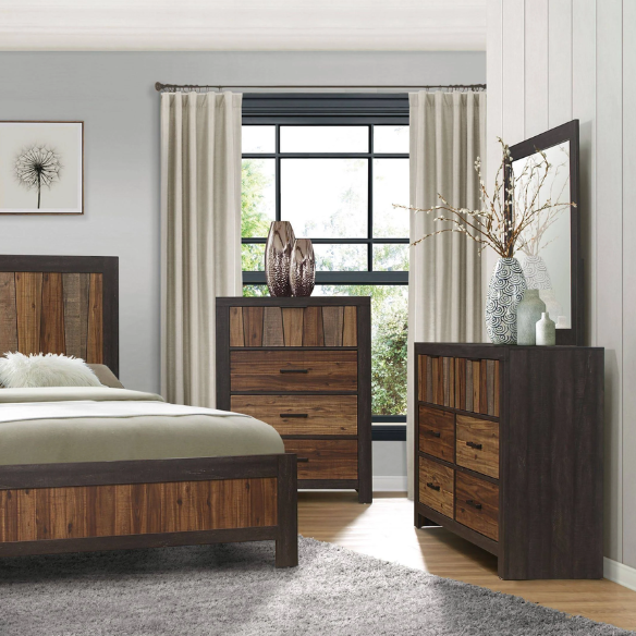 3-Piece Dark Ebony and Rustic Mahogany Modern Panel Bedroom Set – Embossed Faux-Wood Veneer, Rich Acacia Tones, and Dark Metal Hardware