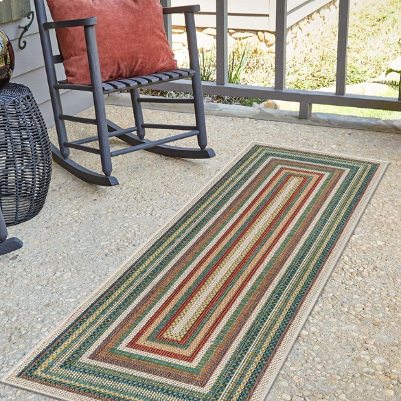 Coastal-Inspired Geometric Rug – Fade & Stain-Resistant, Green & Orange Pattern, Ideal for Indoor/Outdoor Use