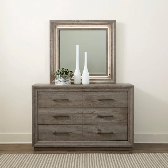 Modern Greystone 4-Piece King Storage Bed, Dresser, Mirror & Nightstand Set with LED Lighting, Built-In Charging Station, and Brushed Nickel Hardware – Floating Panel Headboard and Plinth Base