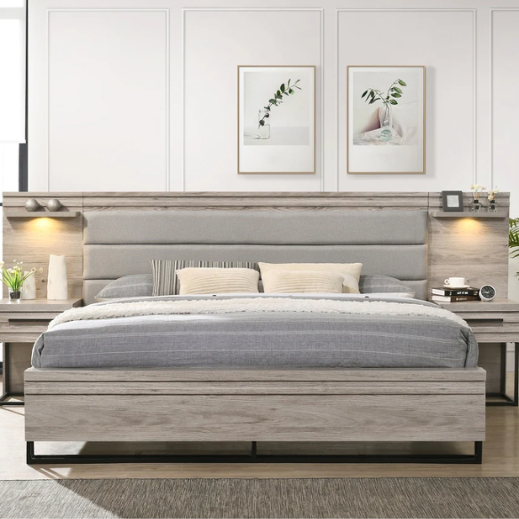 Upholstered Wood Wallbed Set with White LED Lights, Dresser, Mirror, Chest, and 2 Nightstands in Weathered Gray