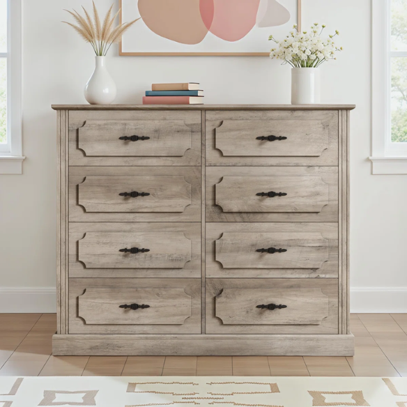 Classic Modern 8-Drawer Double Dresser with Picture Frame Paneling, Decorative Black Metal Handles, and French Country Style