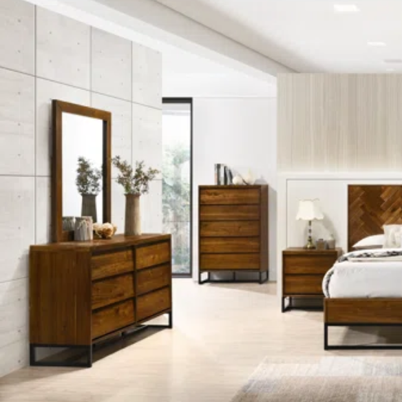 Industrial Mid-Century Modern Platform Bedroom Set with Herringbone Design Headboard – Stylish and Versatile