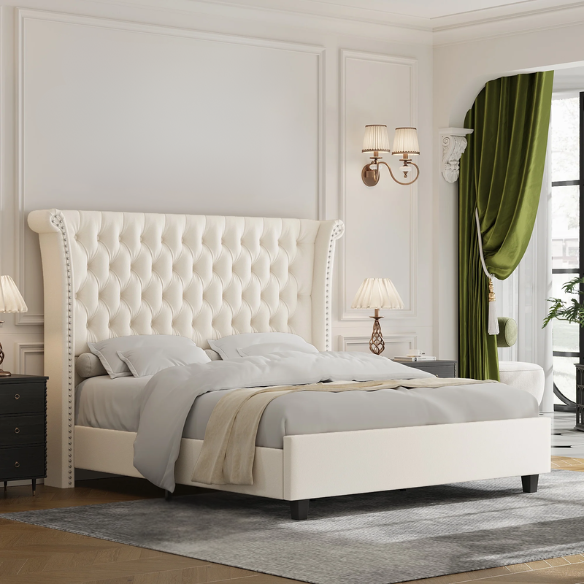 Luxurious Tufted Button Upholstered Wingback Queen Bed with Raised Headboard for Ultimate Comfort