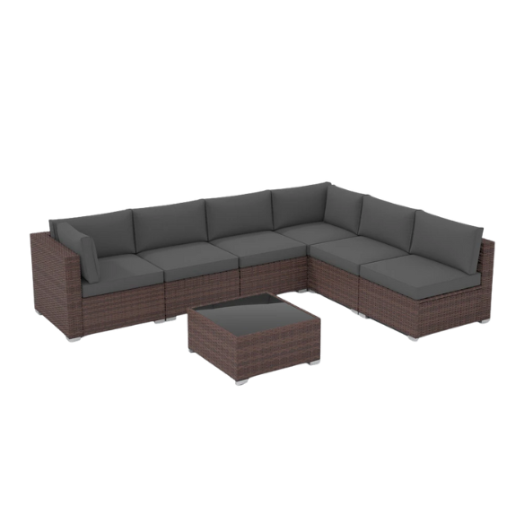7-Piece Modular Patio Furniture Set | Wicker Outdoor Sectional Sofa with PE Rattan, Plush Pillowtop Cushions, and Coffee Table