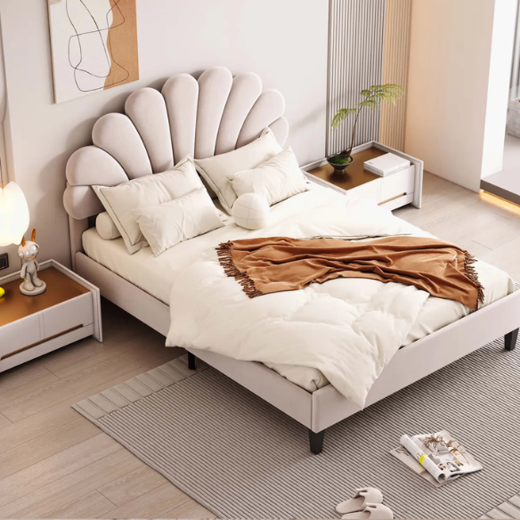 Upholstered Platform Bed with Flower Pattern Velvet Headboard – Full/Double Size, Elegant Design for Modern Bedrooms