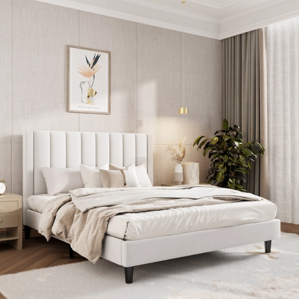 Luxurious Upholstered Platform Bed – Full/Double Size with Velvet Upholstery and Striped Headboard for Elegant Comfort