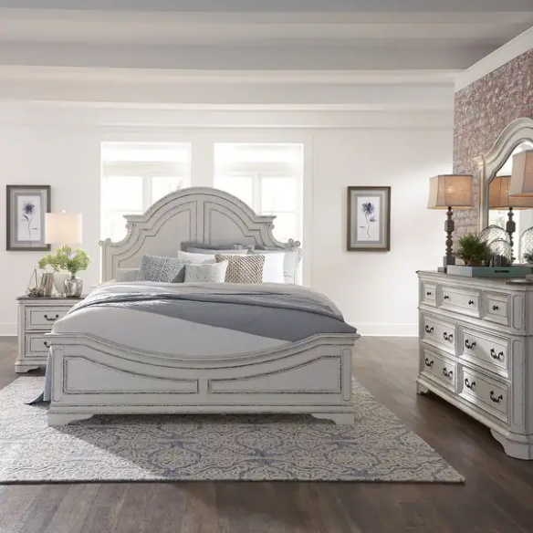 Upholstered Bed, Dresser, Mirror, and Nightstand Set in Antique White – Timeless Elegance, Refined Craftsmanship, and Distinctive Style