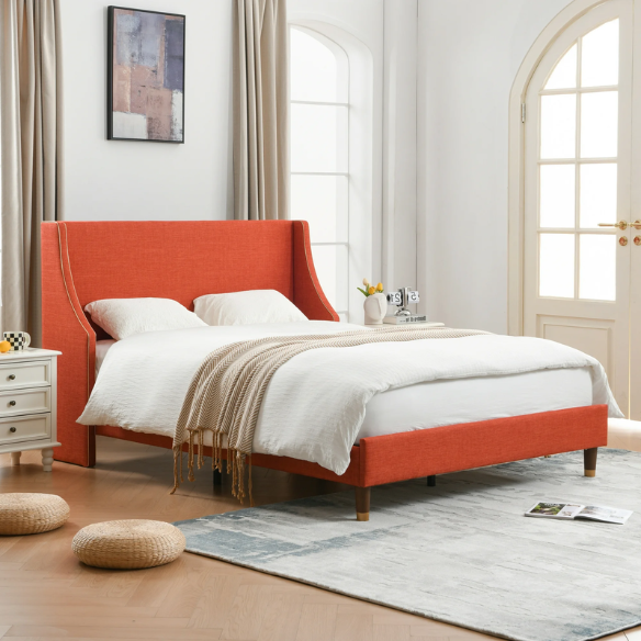 Elegant Linen Wingback Upholstered Platform Bed Frame – Luxurious Full Double Size Design with Gold Piping, Sturdy Support, and Effortless Assembly