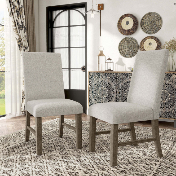 Modern Farmhouse Grey Upholstered Side Dining Chairs (Set of 2) – Neutral Fabric Seating with Wood Frame