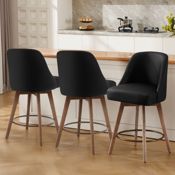 Modern Counter Height Swivel Bar Stool – Upholstered Faux Leather/Polyester Blend Seat, Solid Beech Wood Frame, Ergonomic High Back, Bronze Metal Footrest, 300lb Capacity for Kitchen, Bar, or Pub