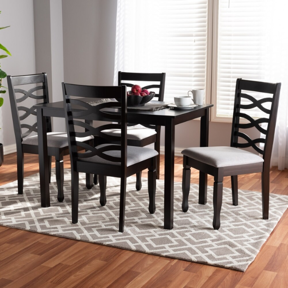 Contemporary 5-Piece Fabric & Wood Dining Set – Dark Walnut Table with Beige & Gray Upholstered Chairs