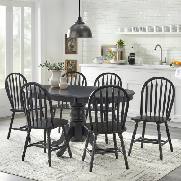 7-Piece Farmhouse Solid Wood Dining Set with Extension Leaf – Pedestal Table & Windsor Chairs
