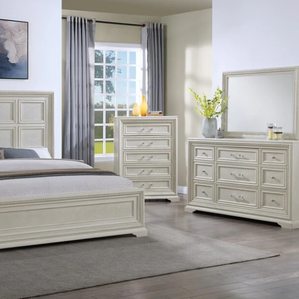 5-Piece Cream Panel Bedroom Set – Timeless Elegance and Tranquil Charm with Elegant Detailing and Durable Craftsmanship