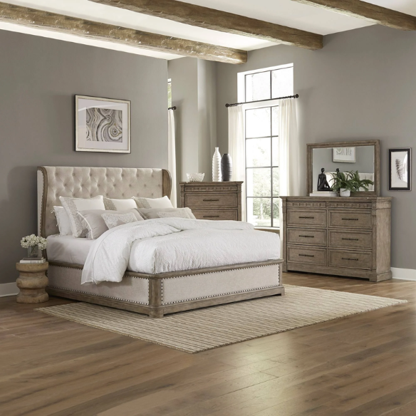 Timeless Elegance Barrigan 6-Piece King Panel Bed, Dresser, Mirror, Chest & Nightstand Set – Dusty Taupe Finish, Burnished Brass Accents, Full Extension Drawers, Cedar & Felt-Lined Drawers, Decorative Fretwork, and Built-in Charging Station
