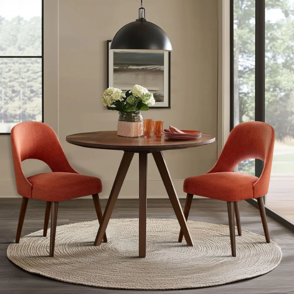 Textured Fabric Dining Side Chairs (Set of 2) – Solid Wood Frame with Mediterranean or Pecan Finish, High-Density Foam Fill & Rounded Back Design