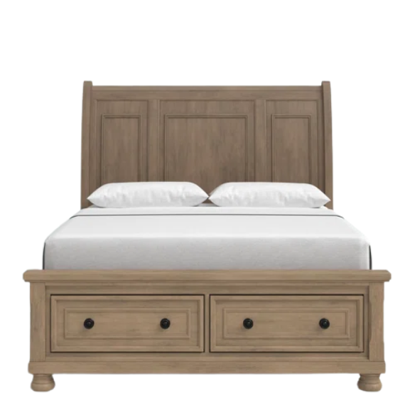 Stylish King Platform Solid Wood Configurable Bedroom Set – Featuring Curved Paneled Headboard, Footboard Storage Drawers, Seven-Drawer Dresser, and Two-Drawer Nightstand for a Functional and Clutter-Free Teen Retreat