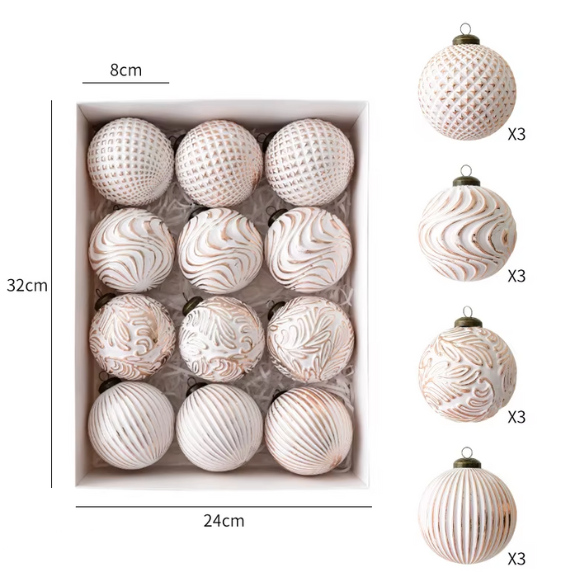 White & Champagne Gold Embossed Christmas Ornaments – Elegant Textured Bauble Set (12 Pieces)
