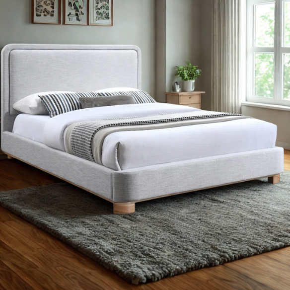 Luxurious Linen Textured Fabric King Size Upholstered Panel Bed with Solid Wood Base