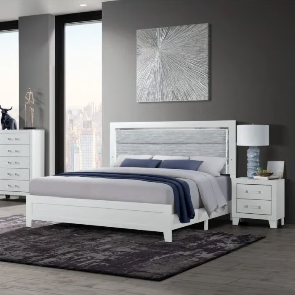 5-Piece White King Bedroom Set with LED-Backlit Upholstered Headboard, Modern Acrylic Hardware, and Plush Comfort