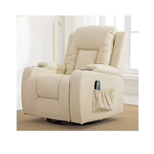 Cream white massage recliner with heating, vibration, and reclining features for ultimate comfort, including 8 massage motors, 4 targeted zones, and remote control.