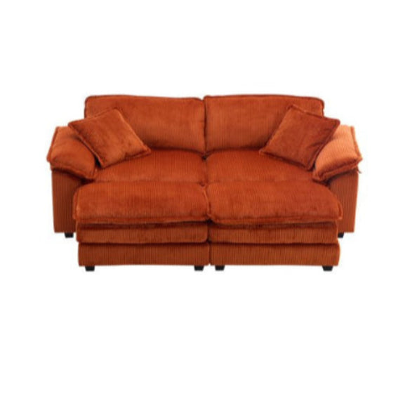 Luxurious burnt orange velvet sofa with ribbed corduroy upholstery, offering superior comfort with foam and pocket spring construction, sleek black plastic legs, and a modern design ideal for contemporary living rooms and offices.