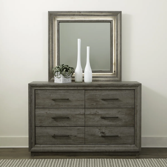 Contemporary Queen Bedroom Set with Brushed Nickel Storage Bed, LED-Illuminated Headboard, Dresser, Mirror, and Nightstand with Charging Station
