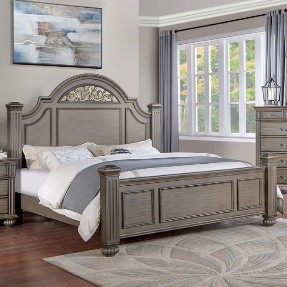 Elegant Traditional 5-Piece Grey Wood Poster Bedroom Set with Fluted Columns, Carved Floral Accents, and Bell-Shaped Headboard
