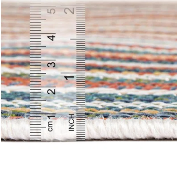 Coastal-Inspired Geometric Rug – Fade & Stain-Resistant, Green & Orange Pattern, Ideal for Indoor/Outdoor Use