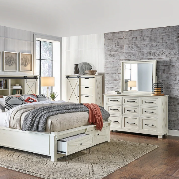 Solid Wood 5-Piece Storage Bedroom Collection – Rustic Elegance with Ample Storage, New Zealand Pine Construction, and Distressed White & Graphite Finish